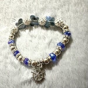 Silver & Blue Crystal Nautical Wheel Charm Bracelet